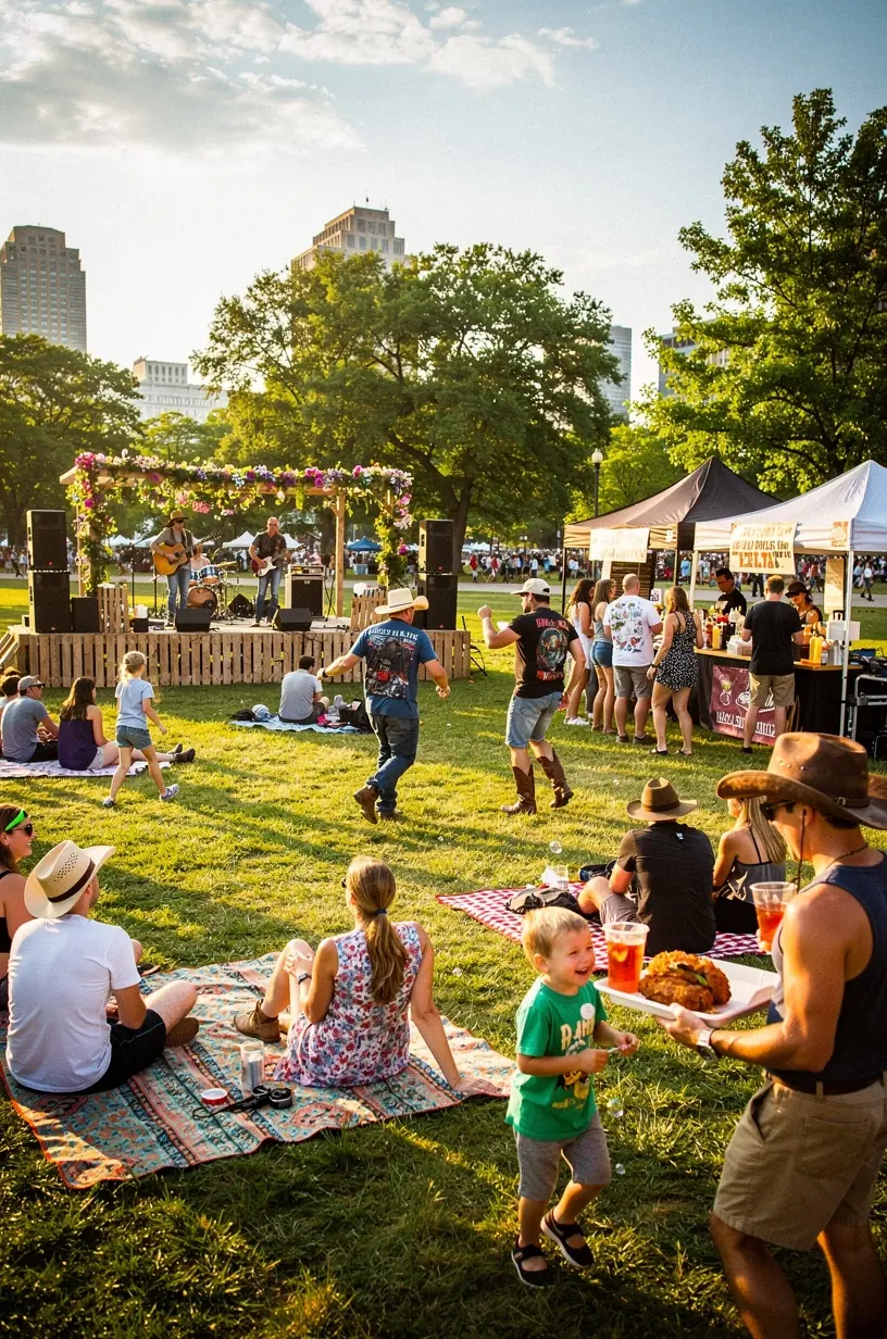 Tourists walking through a vibrant street fair with live bands performing and artisan vendors selling crafts.